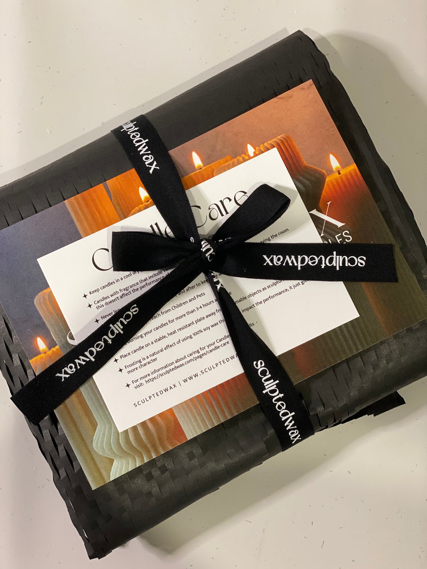 Sculptedwax Candle Care | Candle Gift Ideas Australia | Sculptedwax Candles Australia | Candles Australia | Soy Wax | Gift Sets Australia | Candle Gift Sets | Wrapped Gifts | Personalised Business Ribbon | Aesthetic Candles